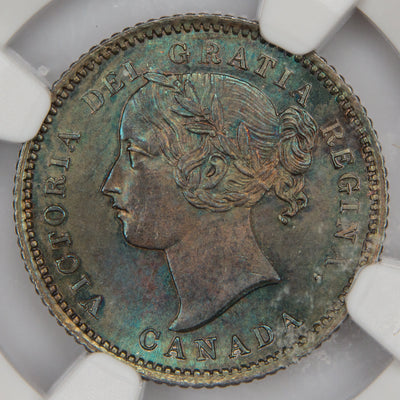 Front view of NGC MS-64 1880-H Canada 10 Cents silver dime featuring the Obverse #1 laureate head portrait bust of Queen Victoria.