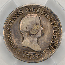 Front view of PCGS F-15 1823 Mexico 1/2 Real silver coin featuring the profile bust of Emperor Agustín de Iturbide.