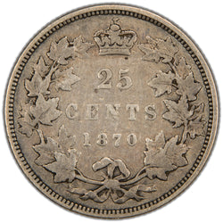 Reverse of a Dominion of Canada 1870 25 Cents silver coin (SKU: SP2852) in Very Good condition, displaying the denomination 25 CENTS and date 1870 crowned at the top, enclosed within a tied maple leaf wreath.