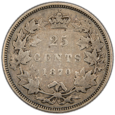Reverse of a Dominion of Canada 1870 25 Cents silver coin (SKU: SP2852) in Very Good condition, displaying the denomination 25 CENTS and date 1870 crowned at the top, enclosed within a tied maple leaf wreath.
