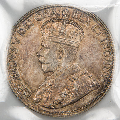 Front view of 1936 Canada silver dollar featuring the crowned portrait bust of King George V in an ICCS MS-64 holder.