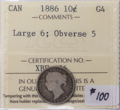 SOLD Canada 1886 Large 6 Obv 5 10 Ten Cents Silver Coin - ICCS G-4