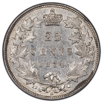 Canada 1874-H 25 Cents Quarter Silver Coin - EF+ (corrosion/residue)