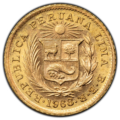 SOLD Peru 1968 1/5 Libre Gold Coin KM #210