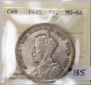 SOLD Canada 1935 $1 Silver Dollar Coin - ICCS MS-64