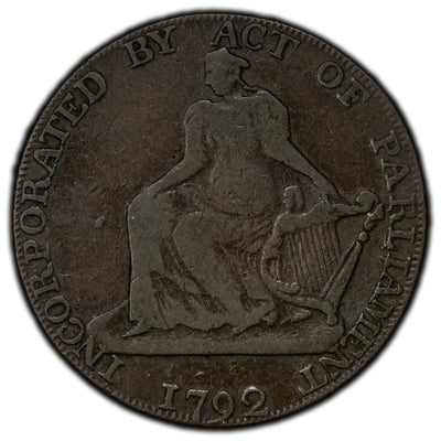 Ireland 1792 Dublin Camac Ryan 1/2 Half Penny Token D&H #147 Plain Edge