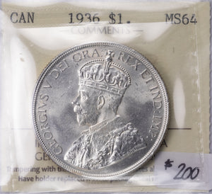 SOLD Canada 1936 $1 Silver Dollar Coin - ICCS MS-64