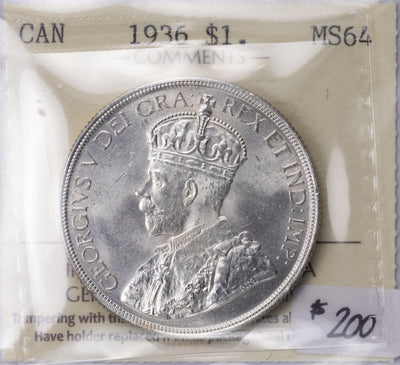 SOLD Canada 1936 $1 Silver Dollar Coin - ICCS MS-64