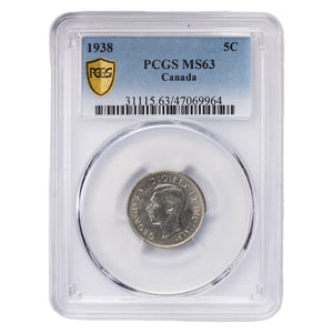 SOLD Canada 1938 5 Cents Nickel Coin - PCGS MS-63