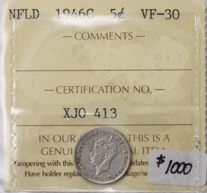 SOLD Newfoundland 1946c 5 Cents Silver Coin - ICCS VF-30