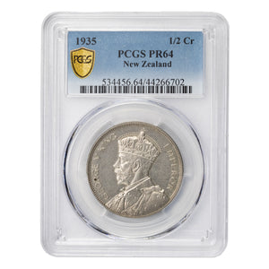 SOLD New Zealand 1935 1/2 Half Crown Silver Coin - PCGS PR-64