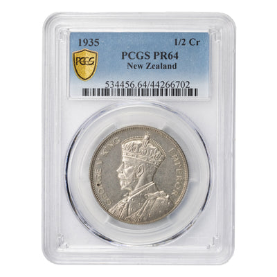 SOLD New Zealand 1935 1/2 Half Crown Silver Coin - PCGS PR-64