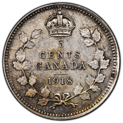 Canada 1918 5 Cents Silver Coin - AU+