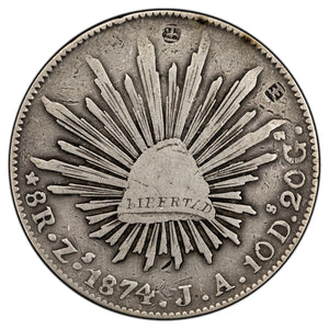 SOLD Mexico 1874 Zs-JA 8 Reales Silver Coin - Chopmarks