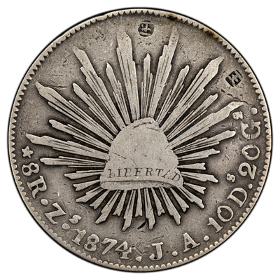 SOLD Mexico 1874 Zs-JA 8 Reales Silver Coin - Chopmarks