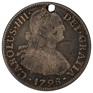 SOLD Mexico 1798 Mo-FM 2 Reales Silver Coin - Holed/Scratched