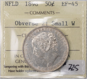 SOLD Newfoundland 1898 Small W Obv 5 50 Cents Silver Coin - ICCS EF-45