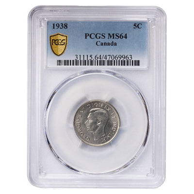 Canada 1938 5 Cents Nickel Coin - PCGS MS-64