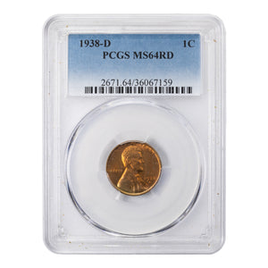 SOLD United States 1938-D 1 Cent Lincoln Penny - PCGS MS-64 RD