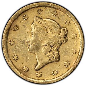 SOLD United States 1849 Open Wreath $1 Type 1 Gold Dollar Coin - Damage