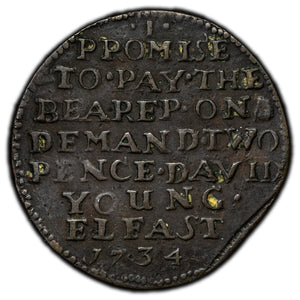 SOLD Ireland 1734 Two Pence Belfast David Young Token