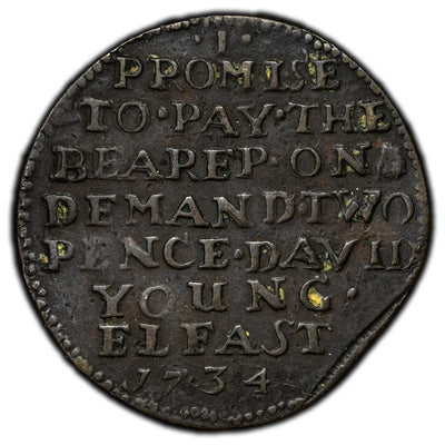 SOLD Ireland 1734 Two Pence Belfast David Young Token