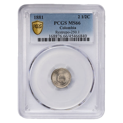 SOLD Colombia 1881 2 1/2 Centavos Coin Restrepo-250.1 - PCGS MS-66