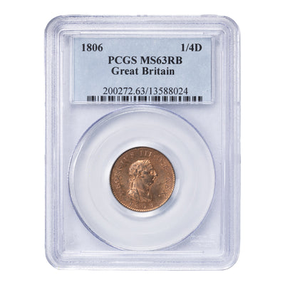 SOLD Great Britain 1806 Farthing 1/4 Penny Coin - PCGS MS-63 RB