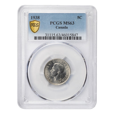 SOLD Canada 1938 5 Cents Nickel Coin - PCGS MS-63