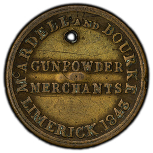 SOLD Ireland 1843 Limerick Mc Ardell & Bourke Merchants Token - Holed
