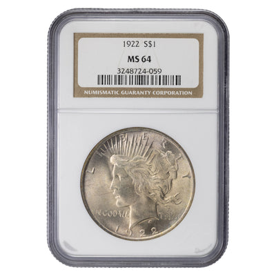 SOLD United States 1922 $1 Peace Dollar Silver Coin - NGC MS-64