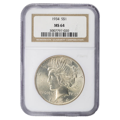 SOLD United States 1934 $1 Peace Dollar Silver Coin - NGC MS-64