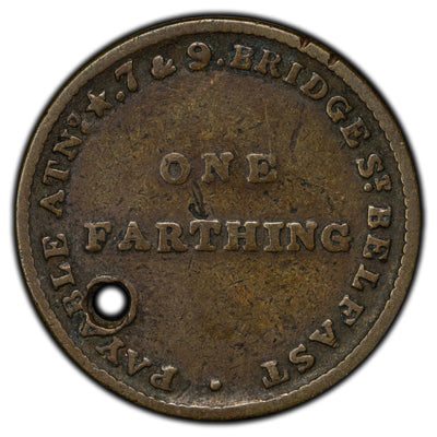 SOLD Ireland ND Belfast John Arnott & Co Farthing Merchant Token - Holed