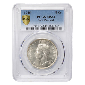 SOLD New Zealand 1945 1/2 Crown Silver Coin - PCGS MS-64