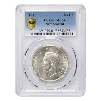 SOLD New Zealand 1945 1/2 Crown Silver Coin - PCGS MS-64
