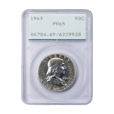 SOLD United States 1963 50 Cents Franklin Half Dollar Coin - PCGS PR-65 Rattler Holder