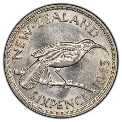 New Zealand 1943 6 Six Pence Silver Coin KM #8