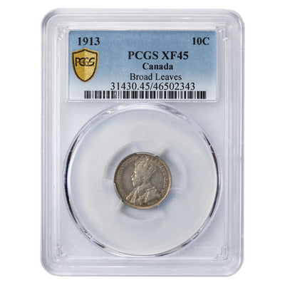 Canada 1913 Broad Leaves 10 Cents Dime Silver Coin - PCGS XF-45