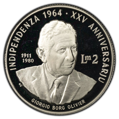 Malta 1989 2 Liri Sterling Silver Proof Coin - 25th Anniversary of Independence