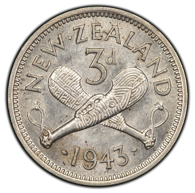 New Zealand 1943 3 Three Pence Silver Coin KM #7