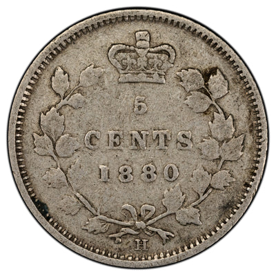 Canada 1880-H Obv 2 5 Cents Silver Coin - VG