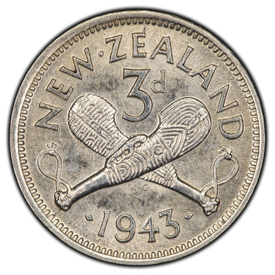 New Zealand 1943 3 Three Pence Silver Coin KM #7