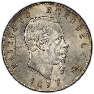 SOLD Italy 1877 5 Lire Silver Coin - Vittorio Emanuele - AU+