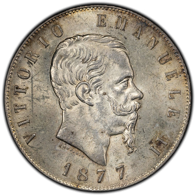 SOLD Italy 1877 5 Lire Silver Coin - Vittorio Emanuele - AU+