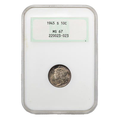 United States 1945-S 10 Cents Mercury Dime Silver Coin - NGC MS-67