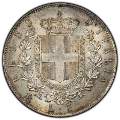 SOLD Italy 1877 5 Lire Silver Coin - Vittorio Emanuele - AU+