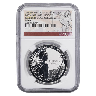 SOLD Falklands Islands 2017 1oz .999 Fine Silver Crown With Motto - NGC PF-69