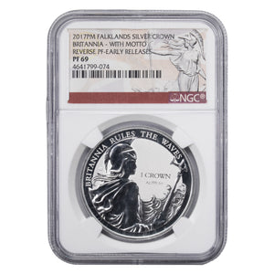 SOLD Falklands Islands 2017 1oz .999 Fine Silver Crown With Motto - NGC PF-69
