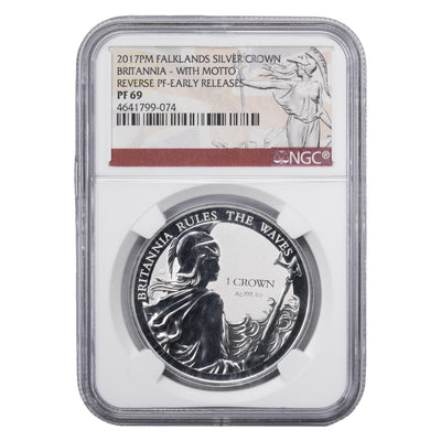 SOLD Falklands Islands 2017 1oz .999 Fine Silver Crown With Motto - NGC PF-69