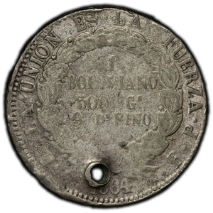 SOLD Bolivia 1864 1 Boliviano Silver Coin KM #152.1 - Holed